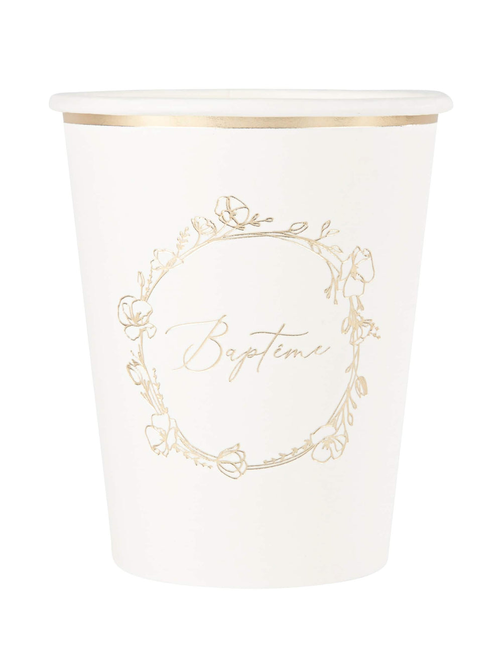 Gobelets en carton baptême blanc et fleurs dorées