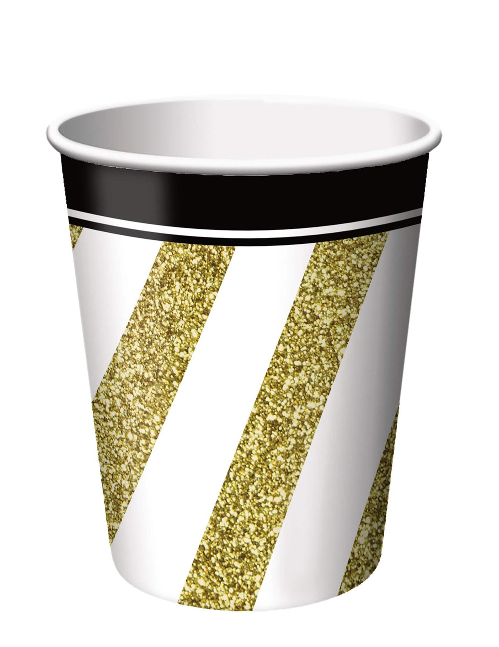 Vasos de cartón negro y dorado para fiesta a rayas con purpurina