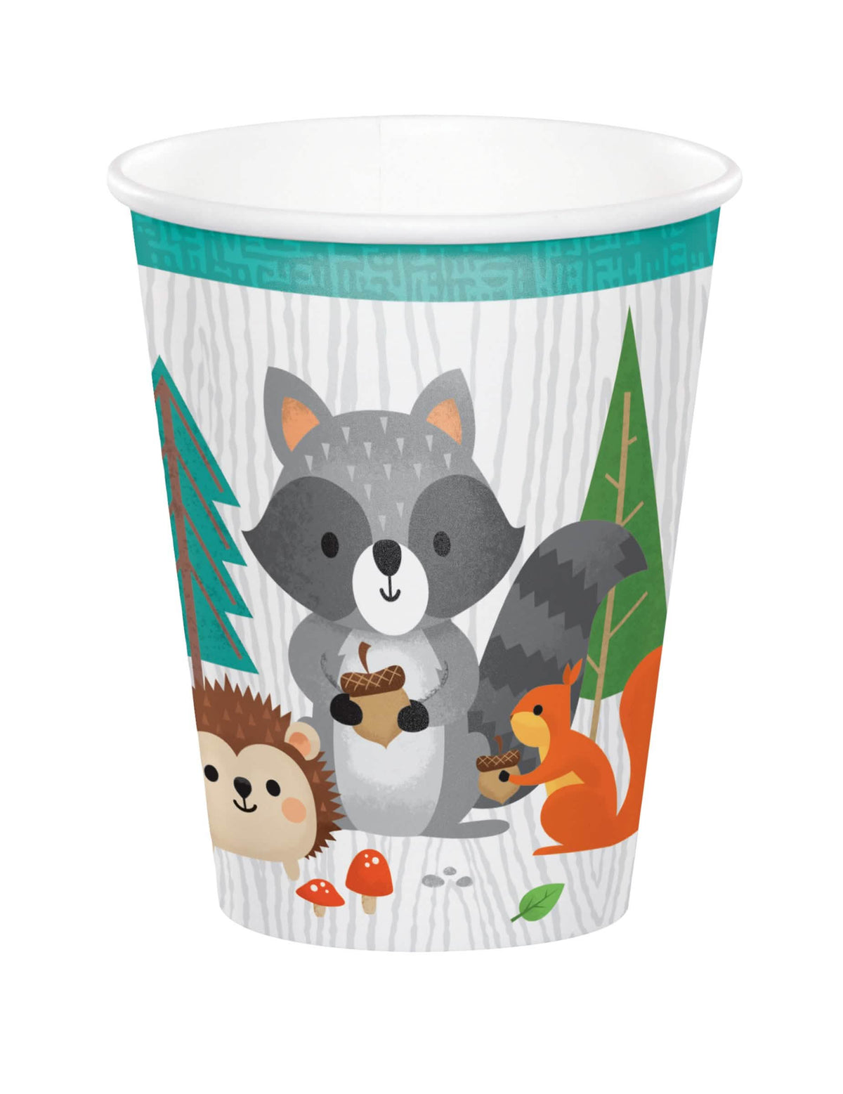 Vasos de cartón animales del bosque para cumpleaños blanco y verde con mapache, erizo y ardilla