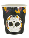 Gobelets en carton Dia de los muertos pour fête noirs avec tête de mort et fleurs