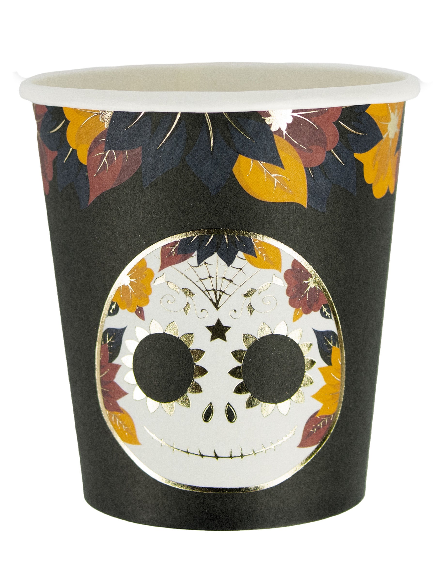 Gobelets en carton Dia de los muertos pour fête noirs avec tête de mort et fleurs