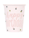 Gobelets en carton Happy Birthday pour anniversaire blancs et roses à pois