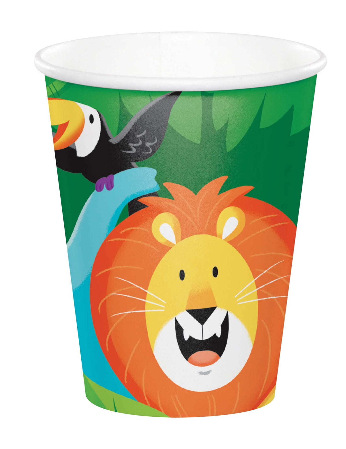 Vaso de cartón selva safari para niño verde con león y tucán