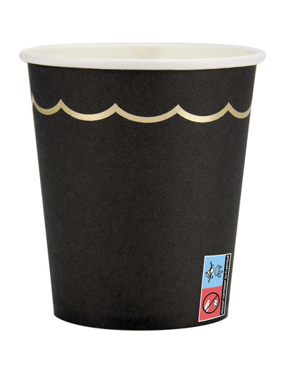 Gobelets en carton festonnés pour fête noirs et dorés élégants