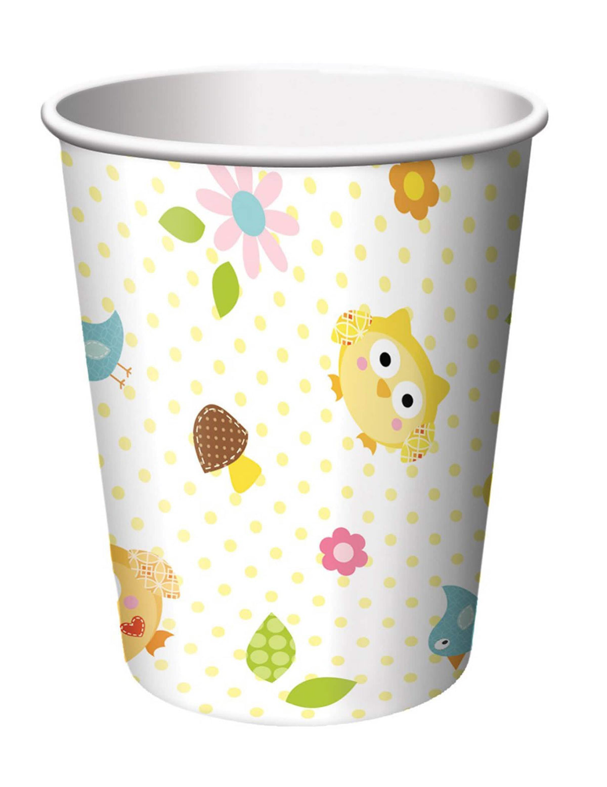Vasos de cartón pequeños con búhos para cumpleaños blanco a lunares amarillos y flores
