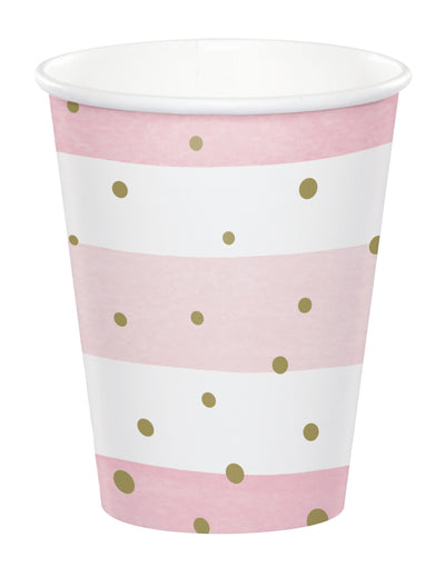 Gobelets en carton baby shower pour fête roses et blancs à pois dorés