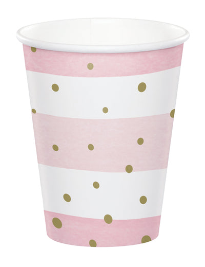 Gobelets en carton baby shower pour fête roses et blancs à pois dorés