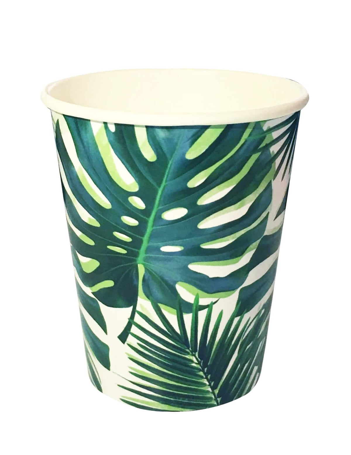 Vasos de cartón tropicales verdes con motivos de hojas de palmera