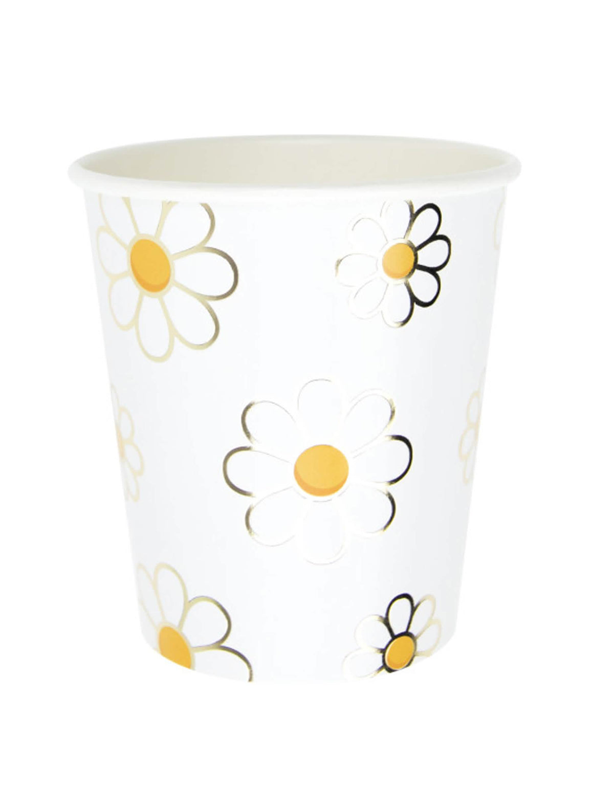 Gobelets en carton Marguerite blancs avec motifs de fleurs jaunes et dorées
