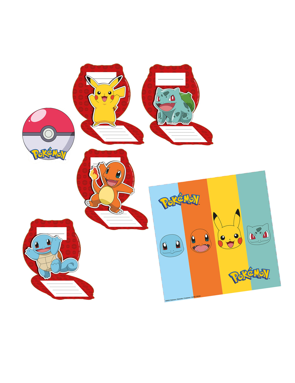 Invitations et enveloppes anniversaire Pokémon pour enfant avec Pikachu, Bulbizarre, Salamèche et Carapuce