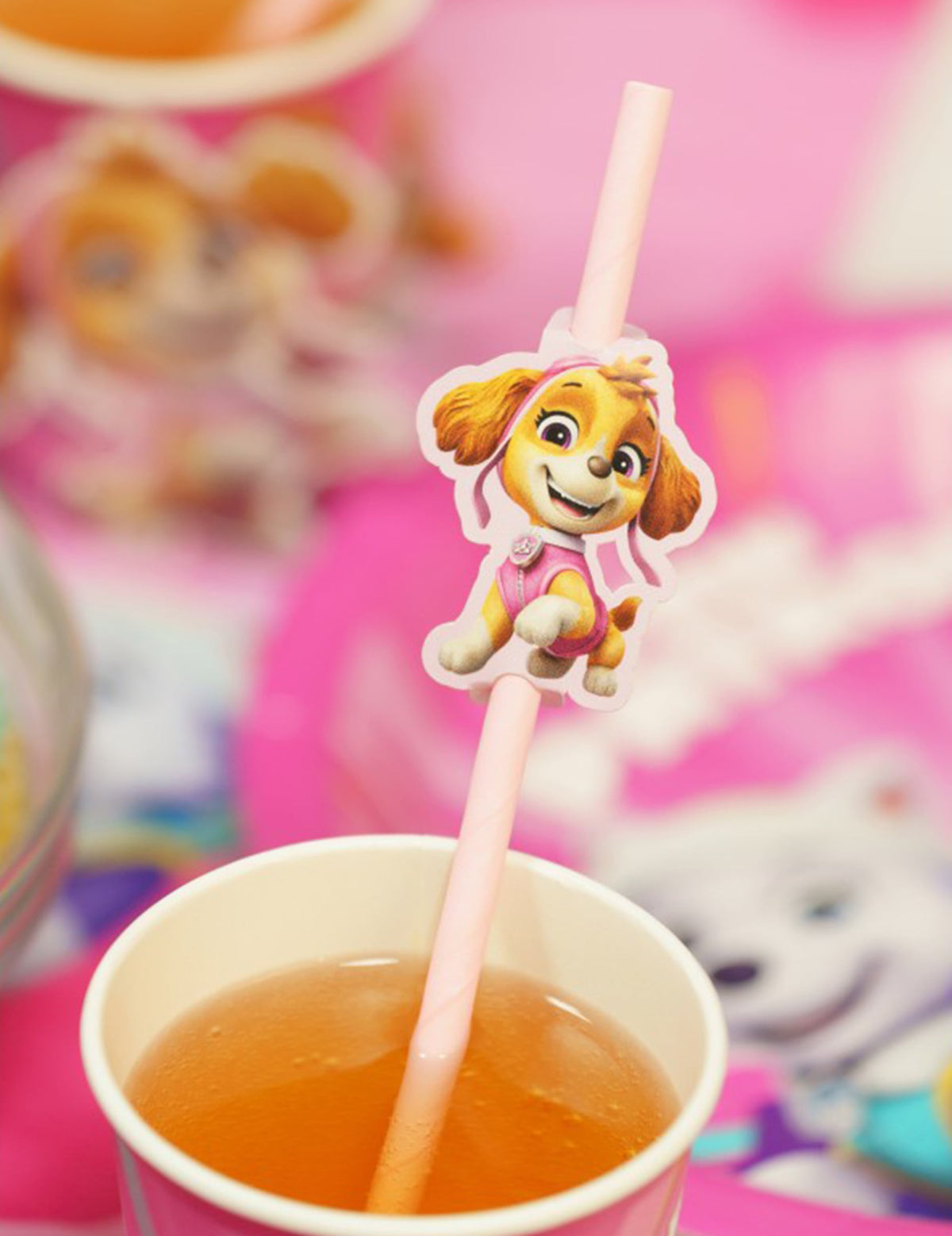 8 Pajitas de cartón rosas con medallones Patrulla Canina™