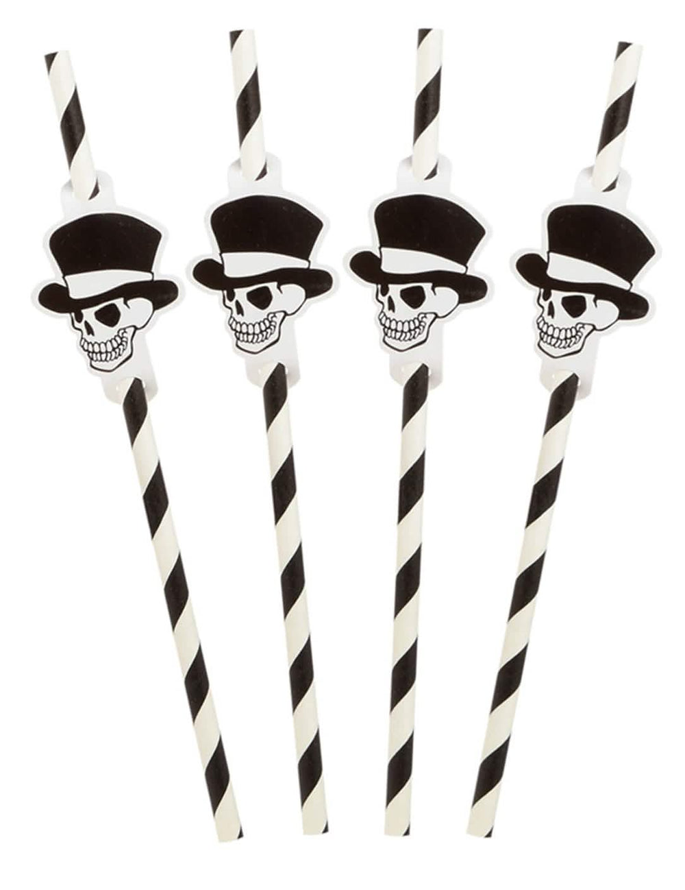 Pailles rayées squelette Halloween noir et blanc avec têtes de mort à chapeau haut-de-forme