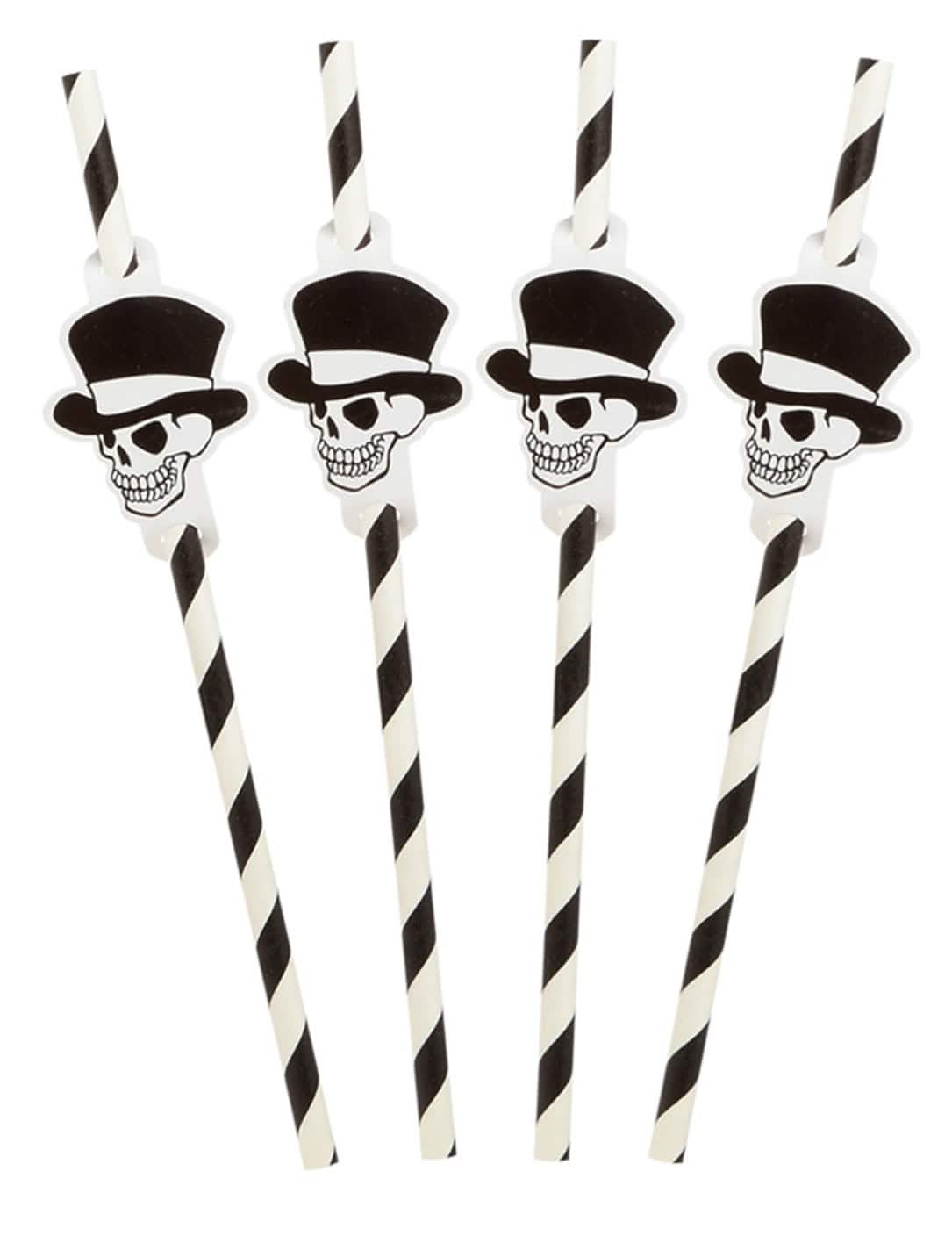 Pailles rayées squelette Halloween noir et blanc avec têtes de mort à chapeau haut-de-forme