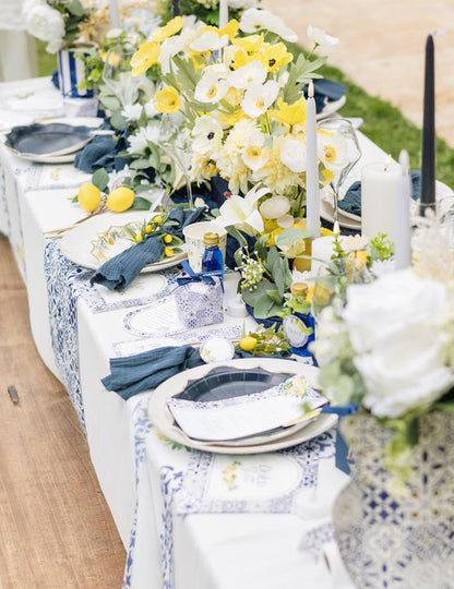 8 platos pequeños de cartón azul rey, blanco y oro de 18cm con motivo mediterráneo