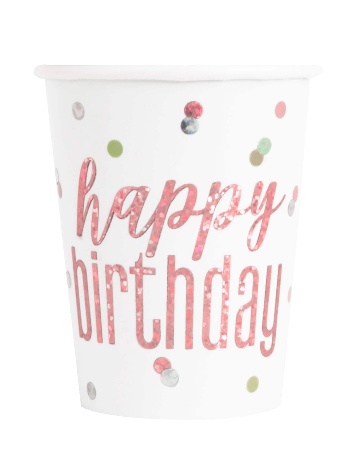 Gobelets en carton Happy Birthday pour anniversaire blancs et roses pailletés à pois