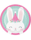 Petites assiettes en carton petit lapin pour anniversaire menthe et rose