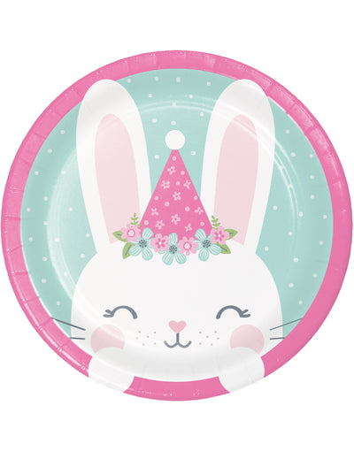 Petites assiettes en carton petit lapin pour anniversaire menthe et rose