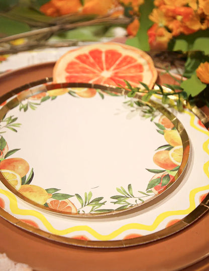 8 pequeños platos fizz cítricos de cartón crema, naranja, amarillo y oro 18cm decoración frutal