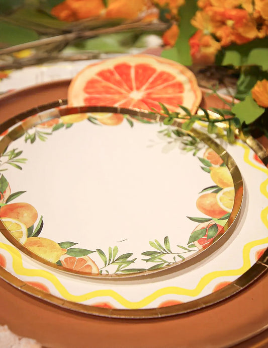 8 pequeños platos fizz cítricos de cartón crema, naranja, amarillo y oro 18cm decoración frutal