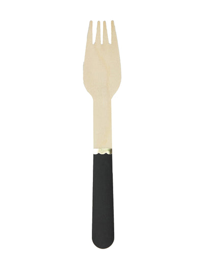Petites fourchettes en bois pour fête noires avec liseré doré