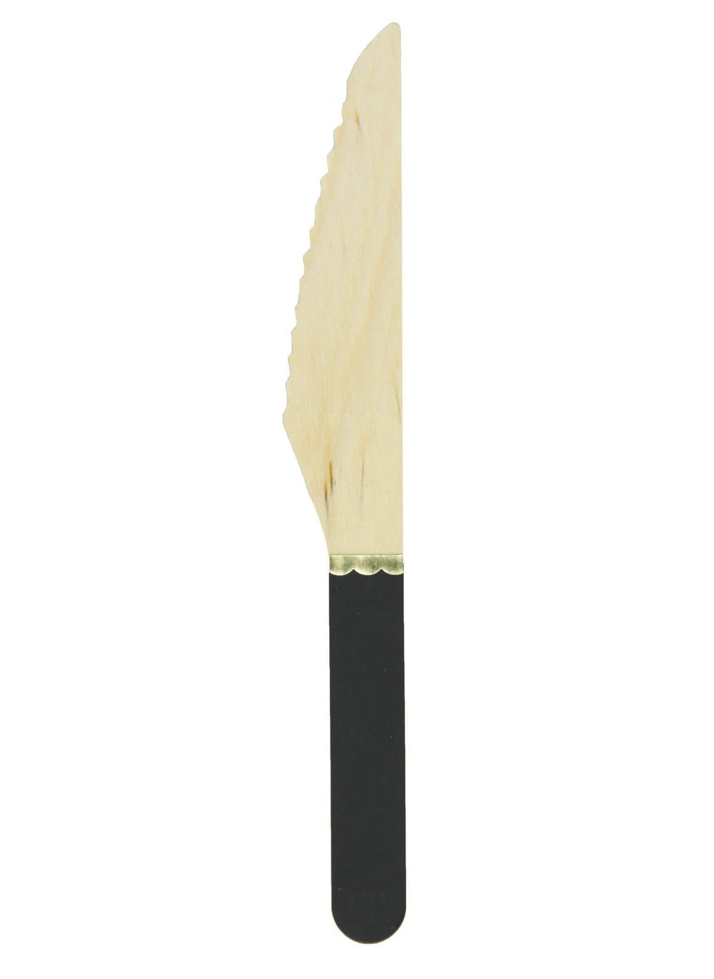 Cuchillos pequeños de madera para fiesta negros con ribete dorado
