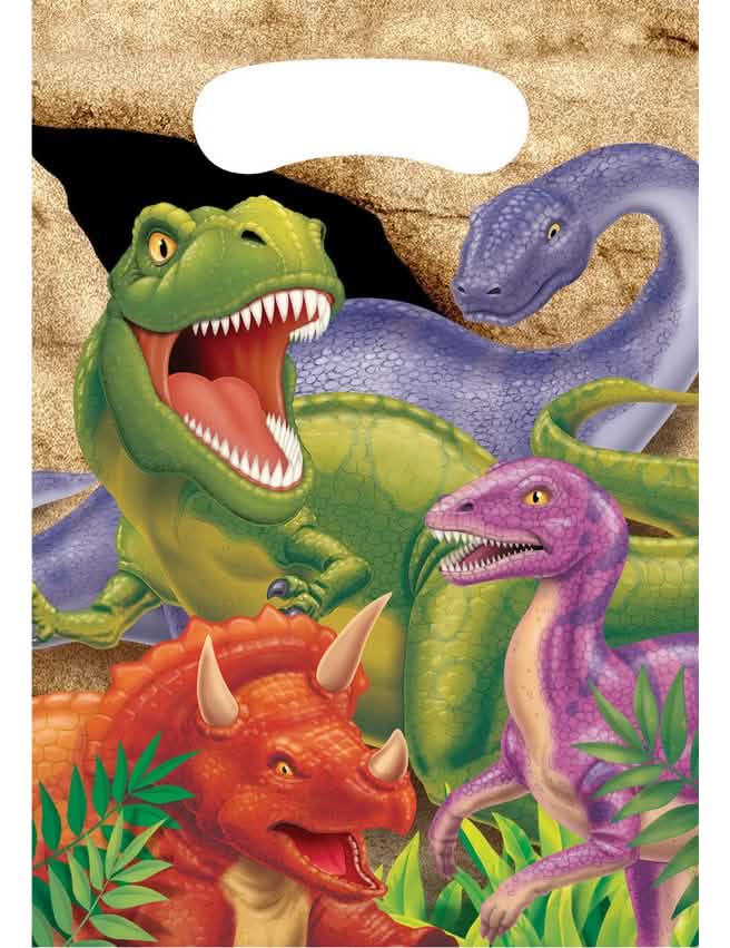 Sacs cadeaux en plastique Dinosaures pour anniversaire multicolores