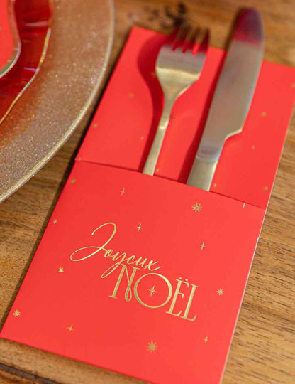 8 portacubiertos Feliz Navidad atemporal rojo y oro 10 x 20 cm