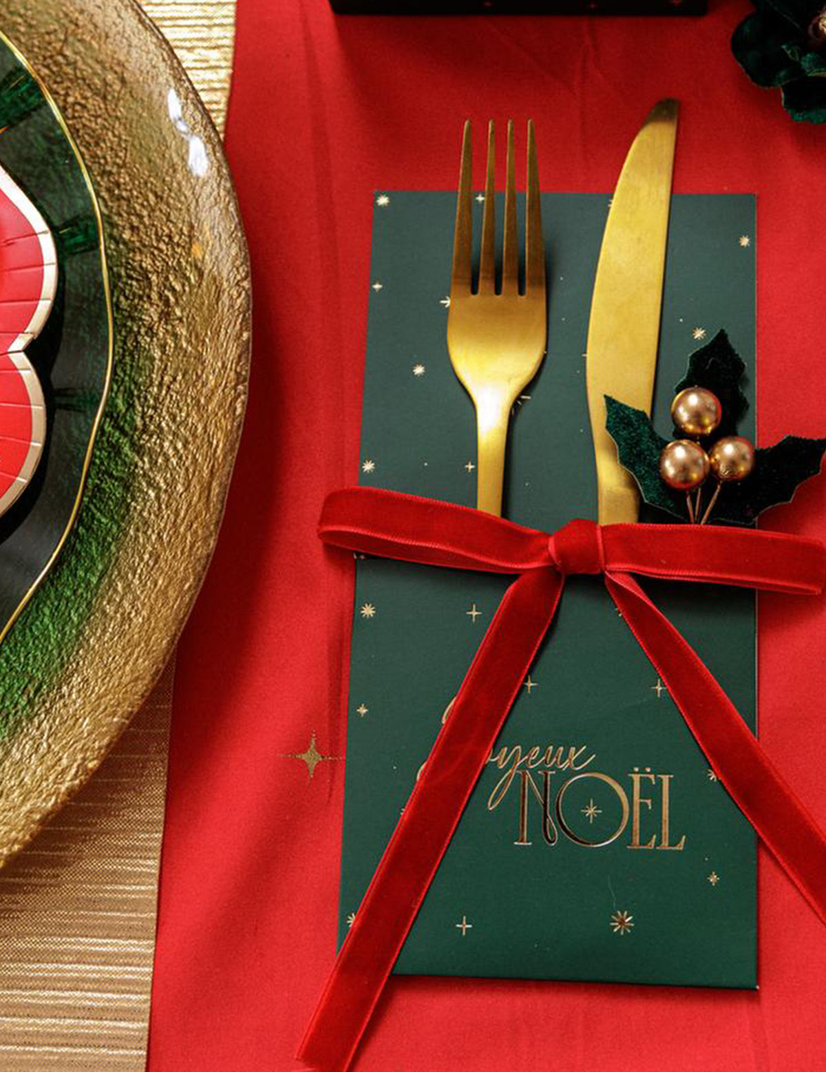 8 portacubiertos Feliz Navidad atemporal verde inglés y oro 10 x 20 cm