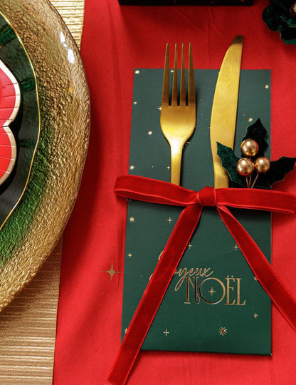 8 portacubiertos Feliz Navidad atemporal verde inglés y oro 10 x 20 cm