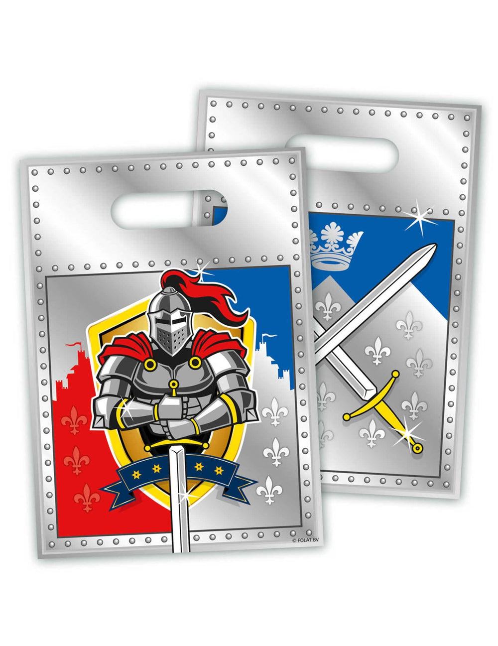Bolsitas de fiesta caballeros gris y azul con motivo de armadura y espada