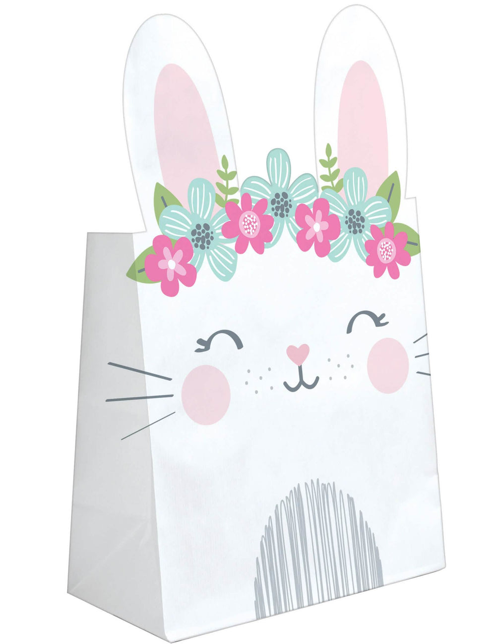 Sacs cadeaux en papier Petit Lapin blancs avec couronne de fleurs pastel