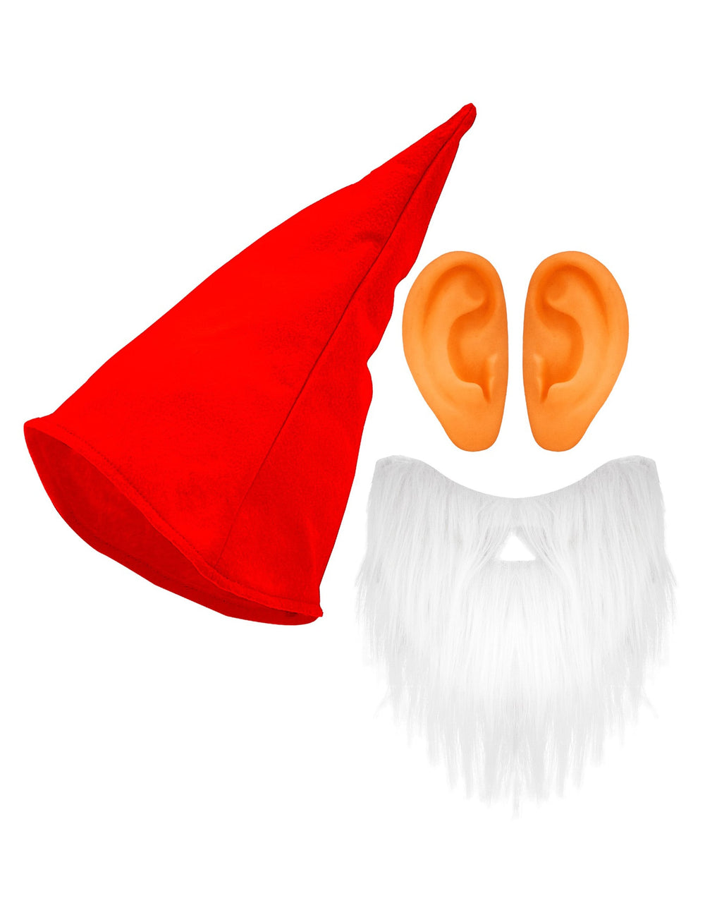 Détail du bonnet, des oreilles et de la barbe des accessoires de nain pour adulte rouge