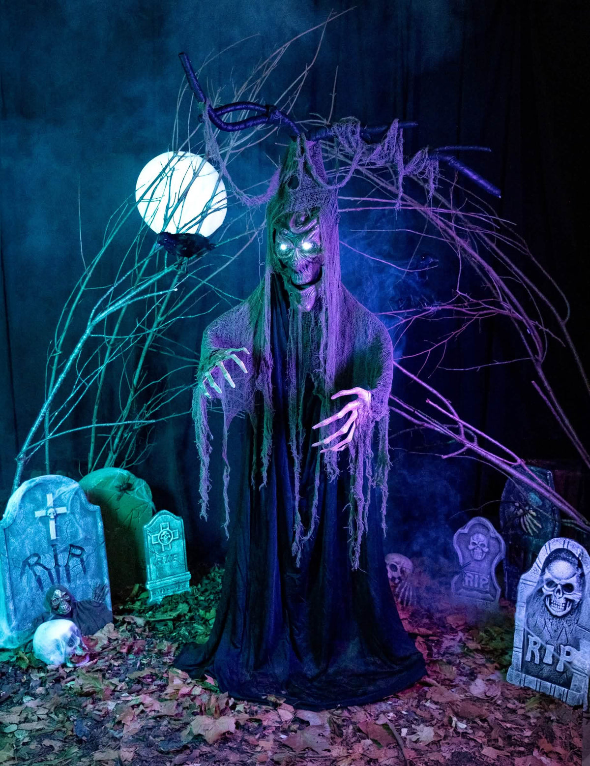 Árbol embrujado articulado luminoso y sonoro halloween para decoración negro y gris con ojos luminosos