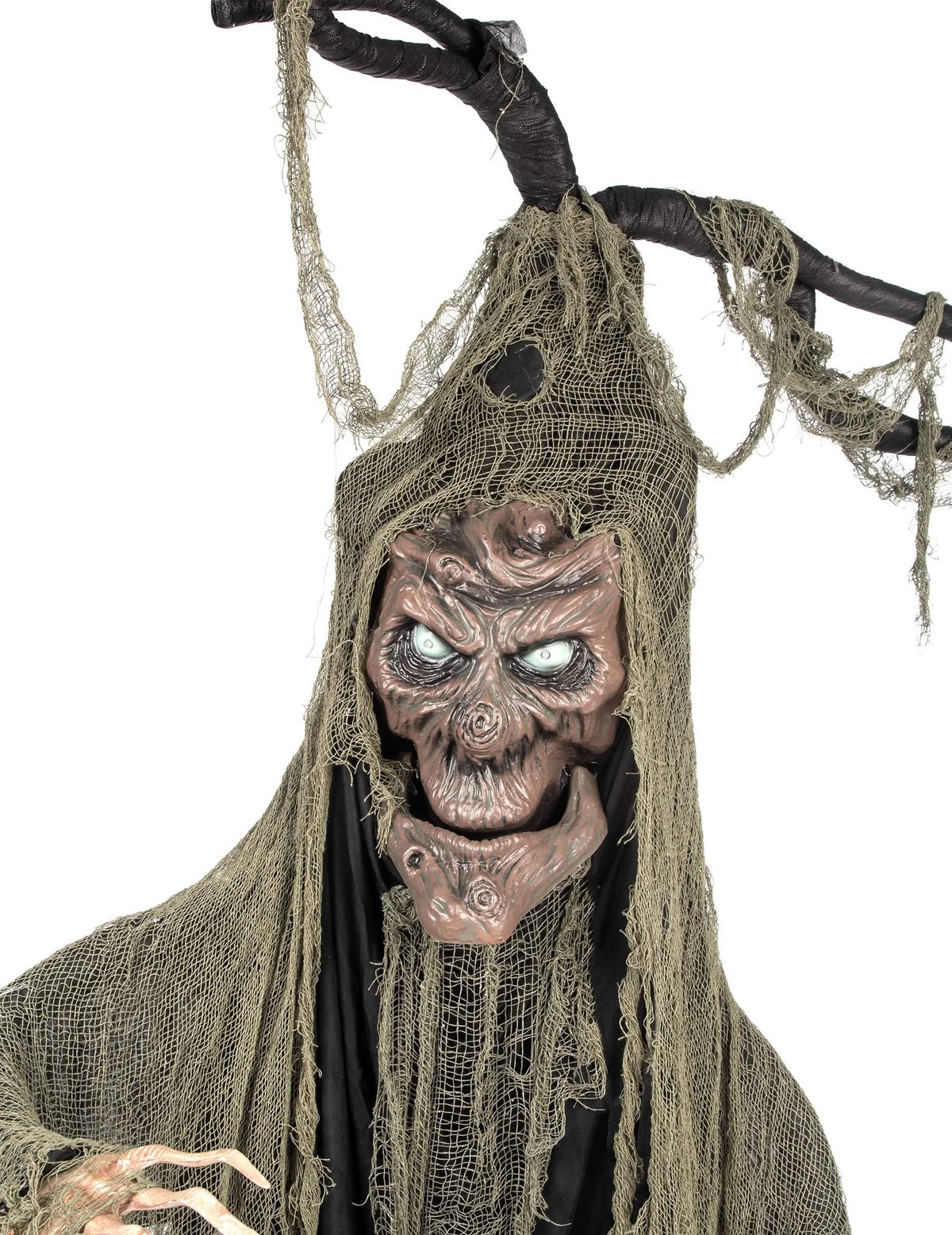 Primer plano del rostro del árbol embrujado articulado luminoso y sonoro halloween