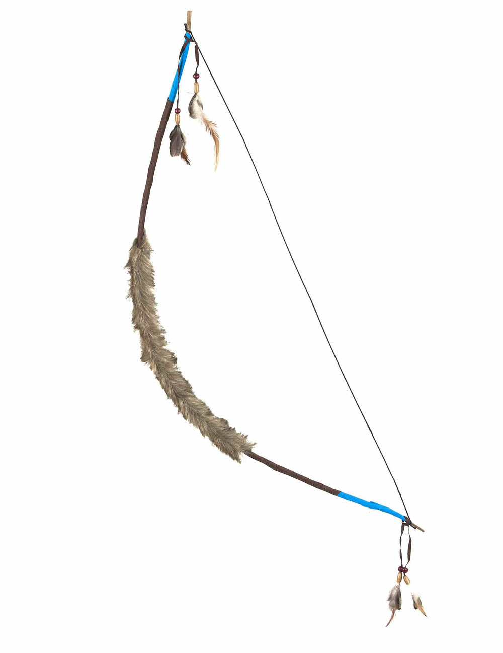 Arco indio marrón con piel sintética, plumas y detalles azules