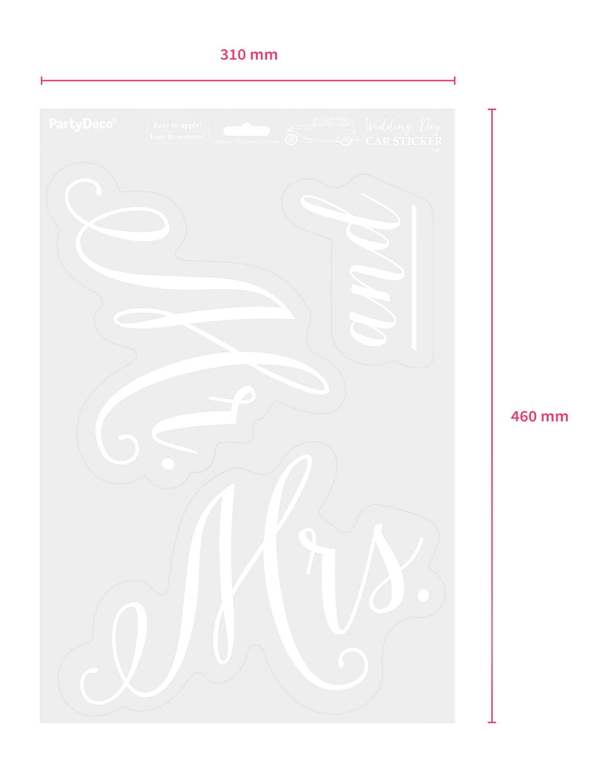 Dimensions de la planche de l'autocollant Mr and Mrs pour voiture