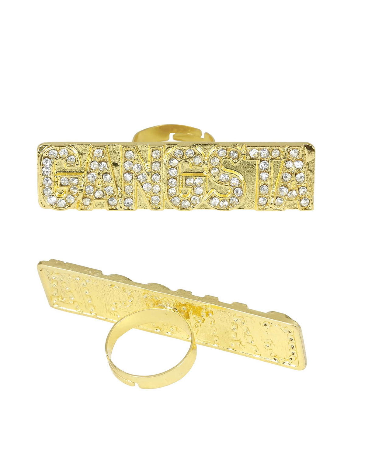 Vistas de frente y de atrás del anillo gangsta con strass