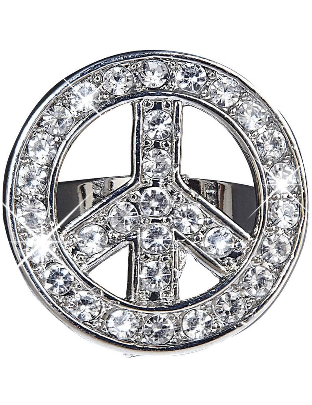 Bague hippie pour adulte argentée avec strass en forme de peace and love