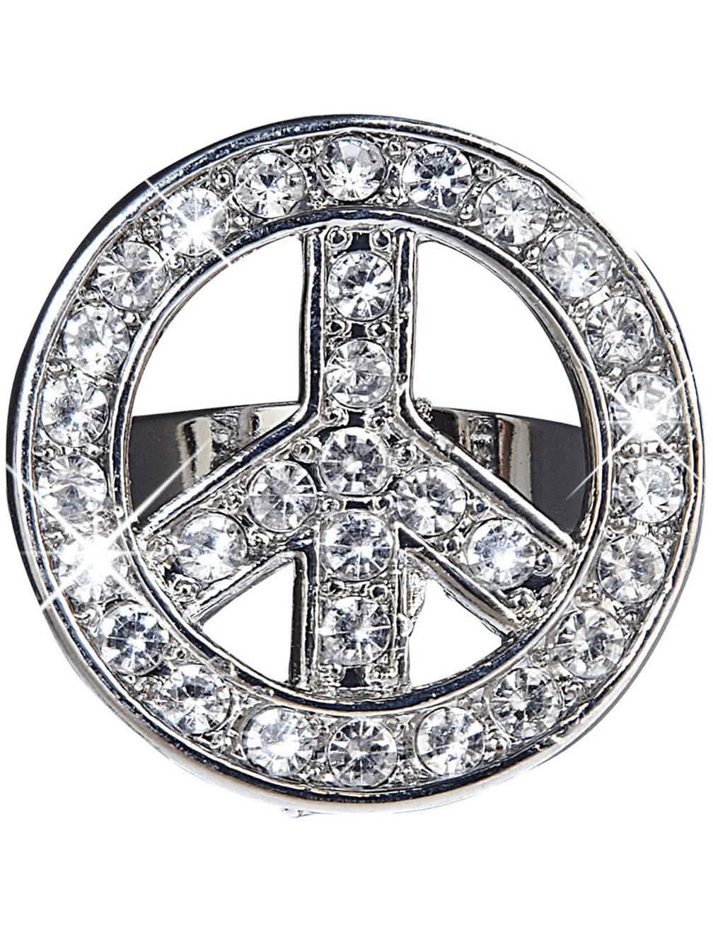 Bague hippie pour adulte argentée avec strass en forme de peace and love