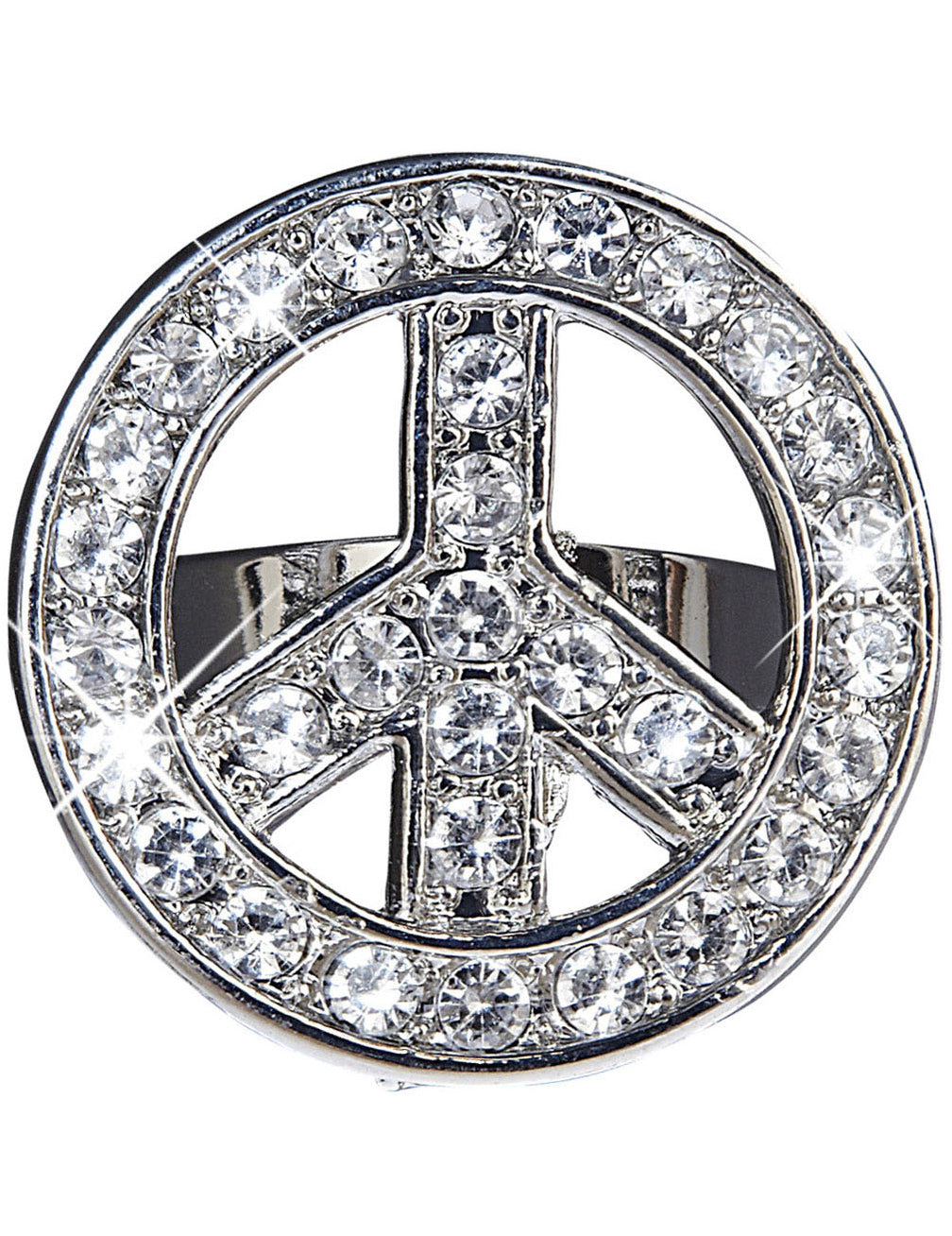 Bague hippie pour adulte argentée avec strass en forme de peace and love