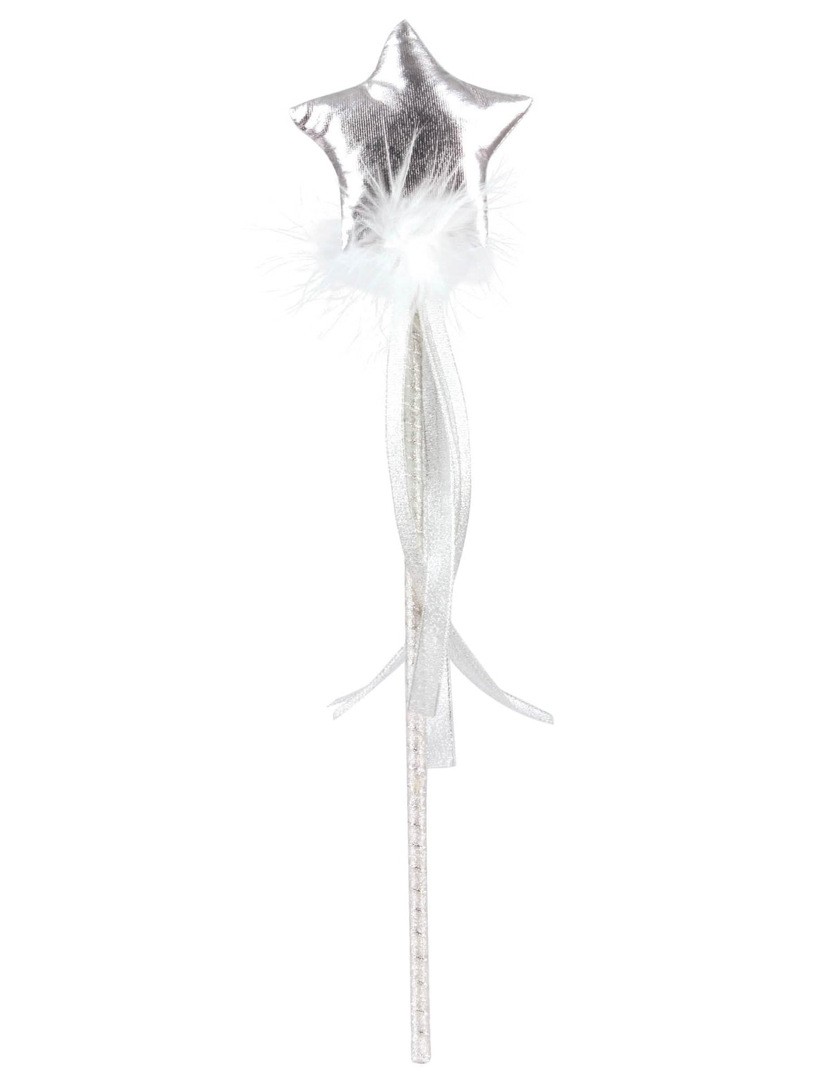 Baguette de fée pour fille argentée avec étoile et plumes-blanches