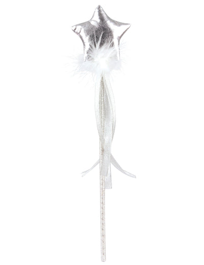 Baguette de fée pour fille argentée avec étoile et plumes-blanches