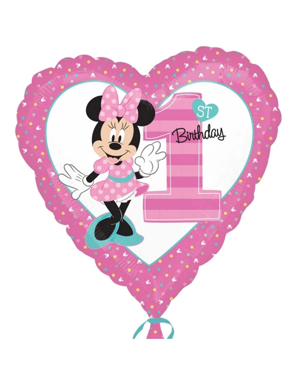 Ballon aluminium 1er Anniversaire Minnie pour bébé fille rose en forme de cœur
