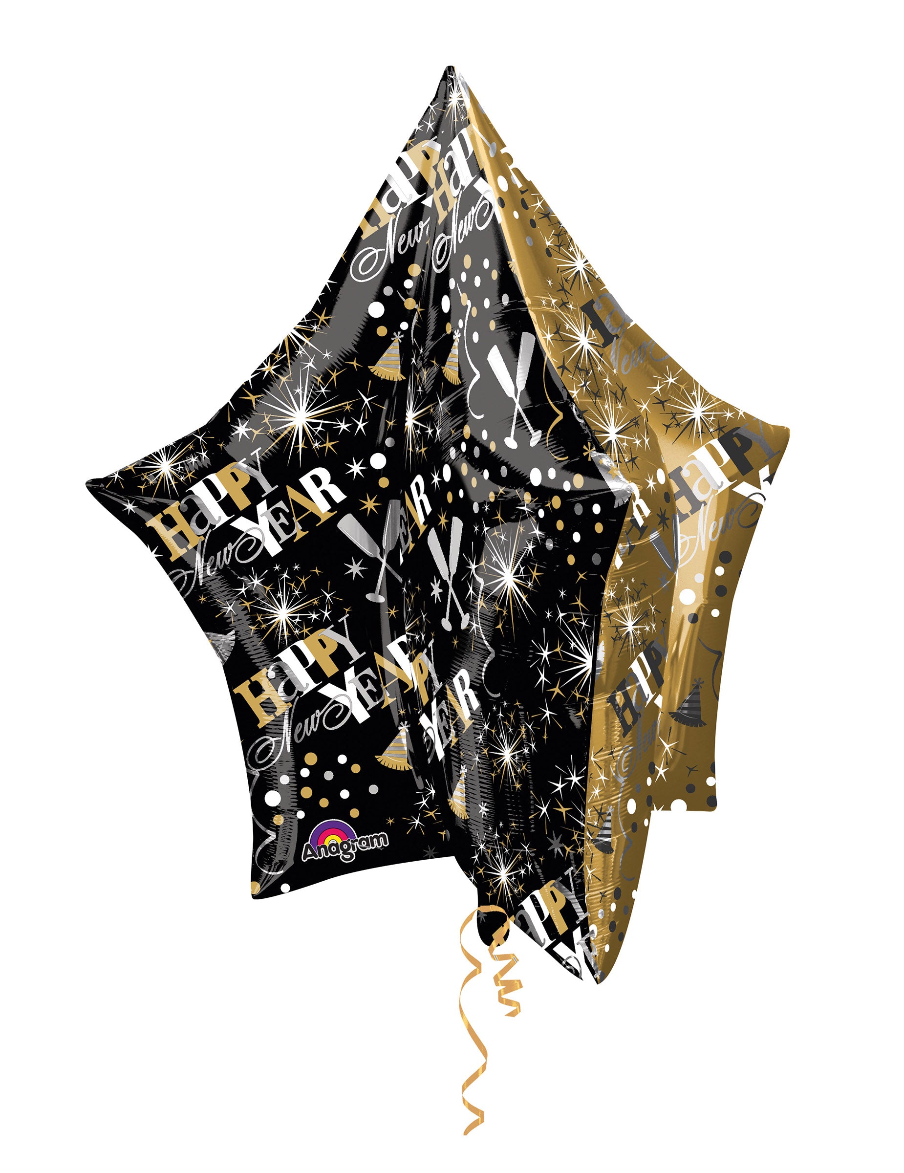 Ballon aluminium étoile Happy New Year pour fête noir et or