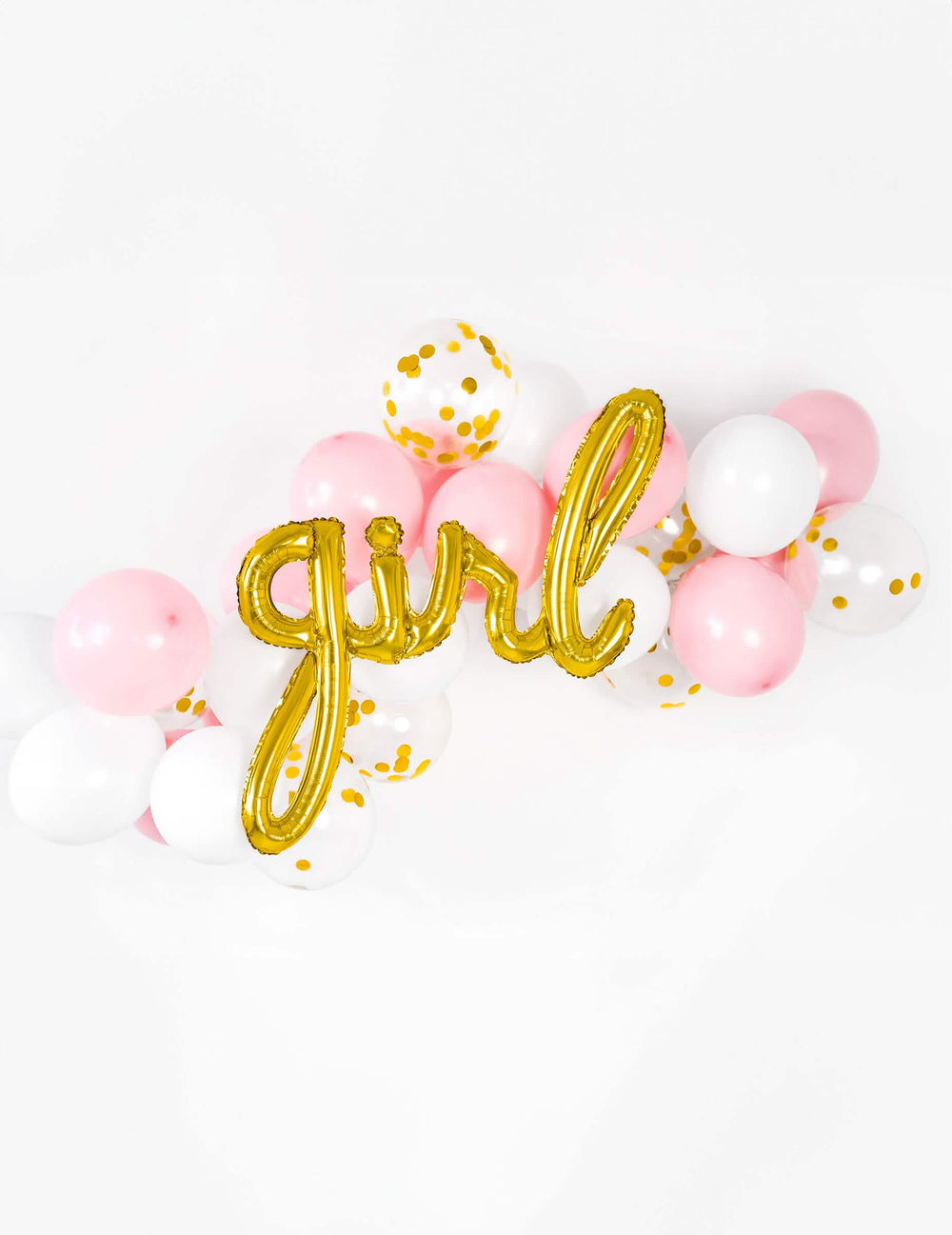 Composición de globos rosas y blancos con el globo de aluminio girl dorado