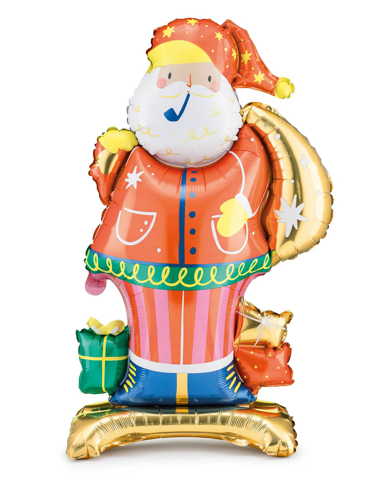 Ballon aluminium Père Noël rouge et doré avec hotte et cadeaux