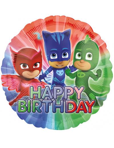 Ballon aluminium Pyjamasques pour anniversaire multicolore avec inscription Happy Birthday