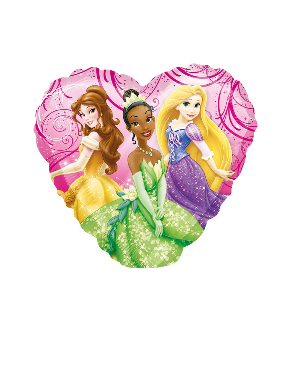 Detalle de los personajes bella Tiana y Rapunzel del globo de aluminio princesas Disney