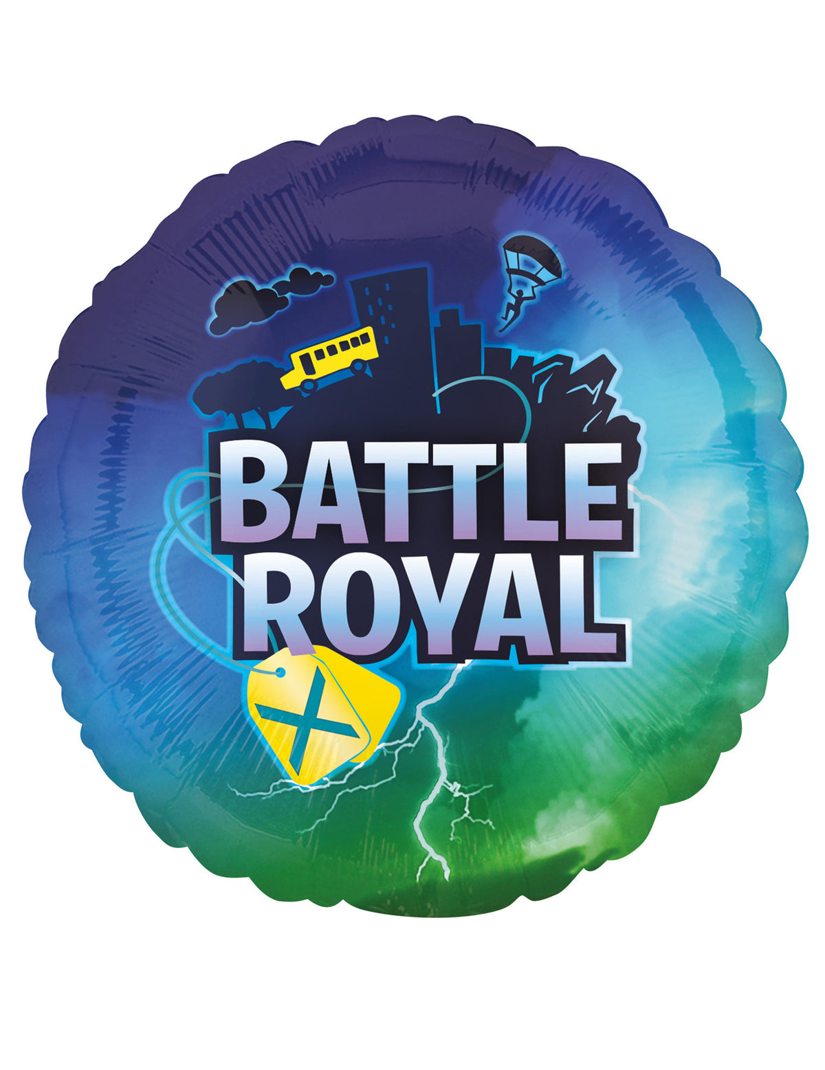 Ballon aluminium rond Battle Royale pour fête bleu et vert avec bus jaune et éclair