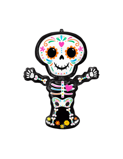 Ballon aluminium squelette Dia de los muertos noir et multicolore